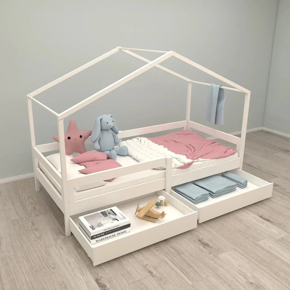 Letto da bambini a forma di casa bianco in legno massiccio con contenitore con rete inclusa 90x200 cm – Roba