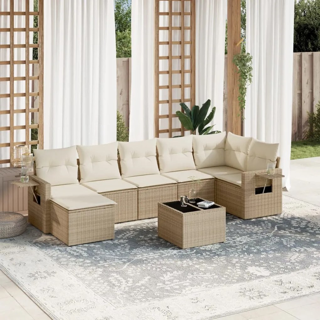 Set Divano da Giardino 8 pz con Cuscini Beige in Polyrattan