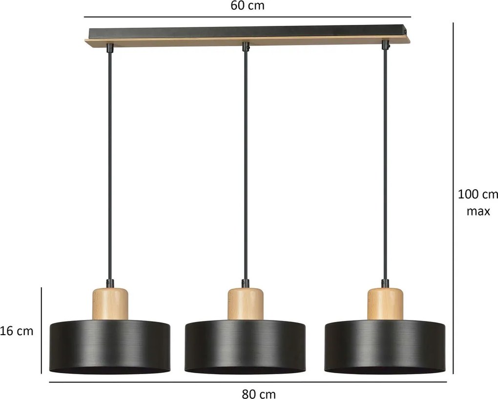 Lampadario a Sospensione in Acciaio e Legno TORIN 3 3xE27