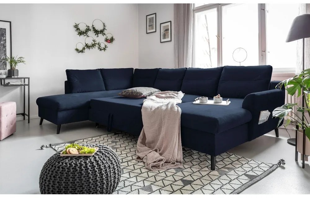 Divano letto a U in velluto blu scuro, angolo sinistro Stylish Stan - Miuform