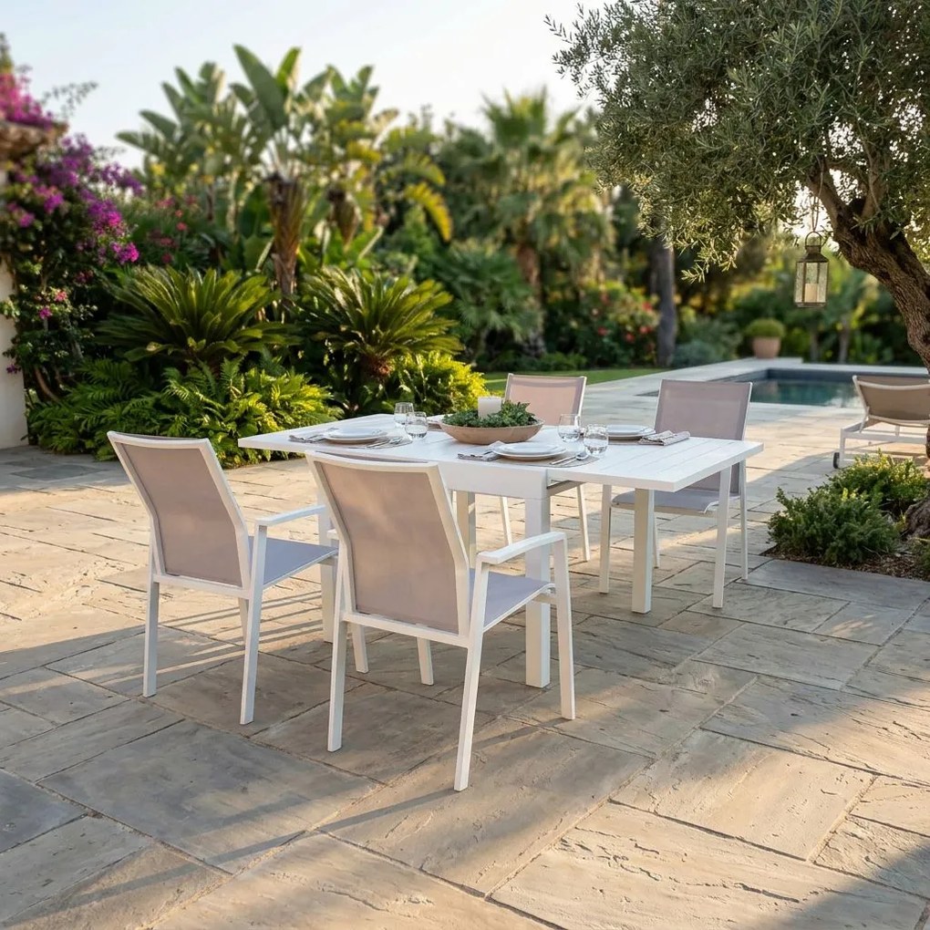 JERRI - set tavolo in alluminio cm 90/180 x 90 x 75 h con 4 poltrone Lotus