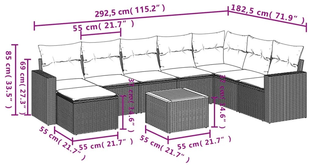 Set divano da giardino 9 pz con cuscini grigio in polyrattan