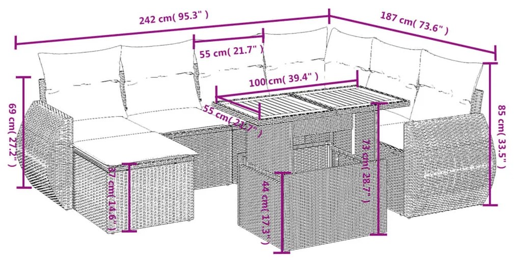 Set divano da giardino 8 pz con cuscini grigio in polyrattan