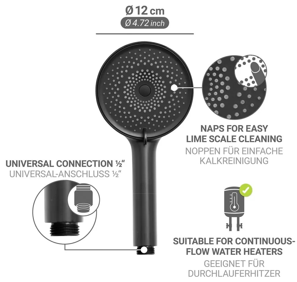 Soffione per doccia nero opaco in plastica ø 12 cm Softwater – Wenko