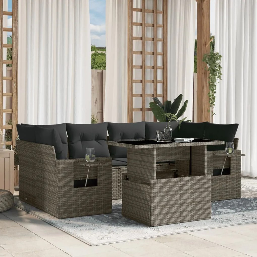 Set divani da giardino 7 pz con cuscini grigio in polyrattan