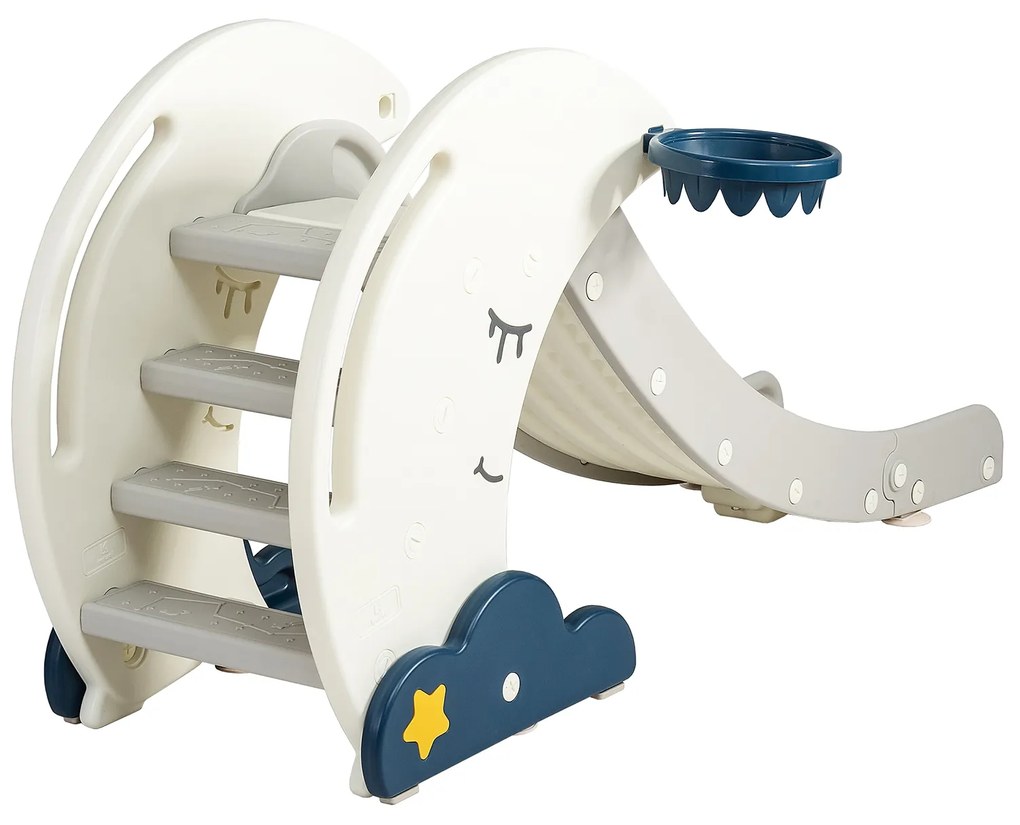 Costway Scivolo pieghevole a forma di luna con scale e canestro da basket, Scivolo per bambini per interno ed esterno