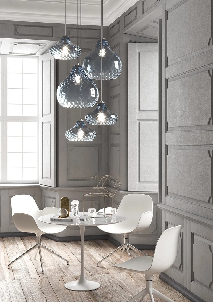 Lampadario Contemporaneo Dress Metallo Cromo Vetro Blu 5 Luci E27