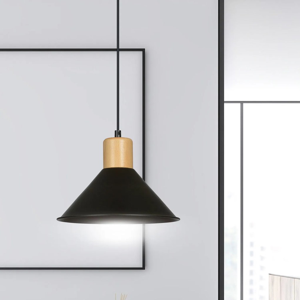 Sospensione Nordica 1 Luce Rowen In Acciaio Nero E Legno