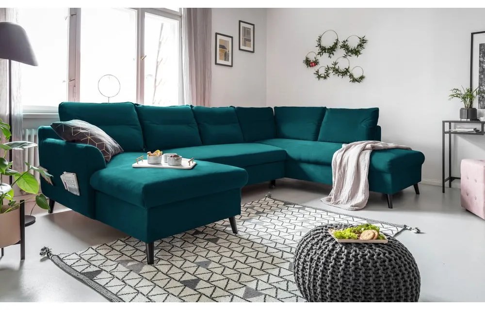 Divano letto a U in velluto turchese, angolo destro Stylish Stan - Miuform