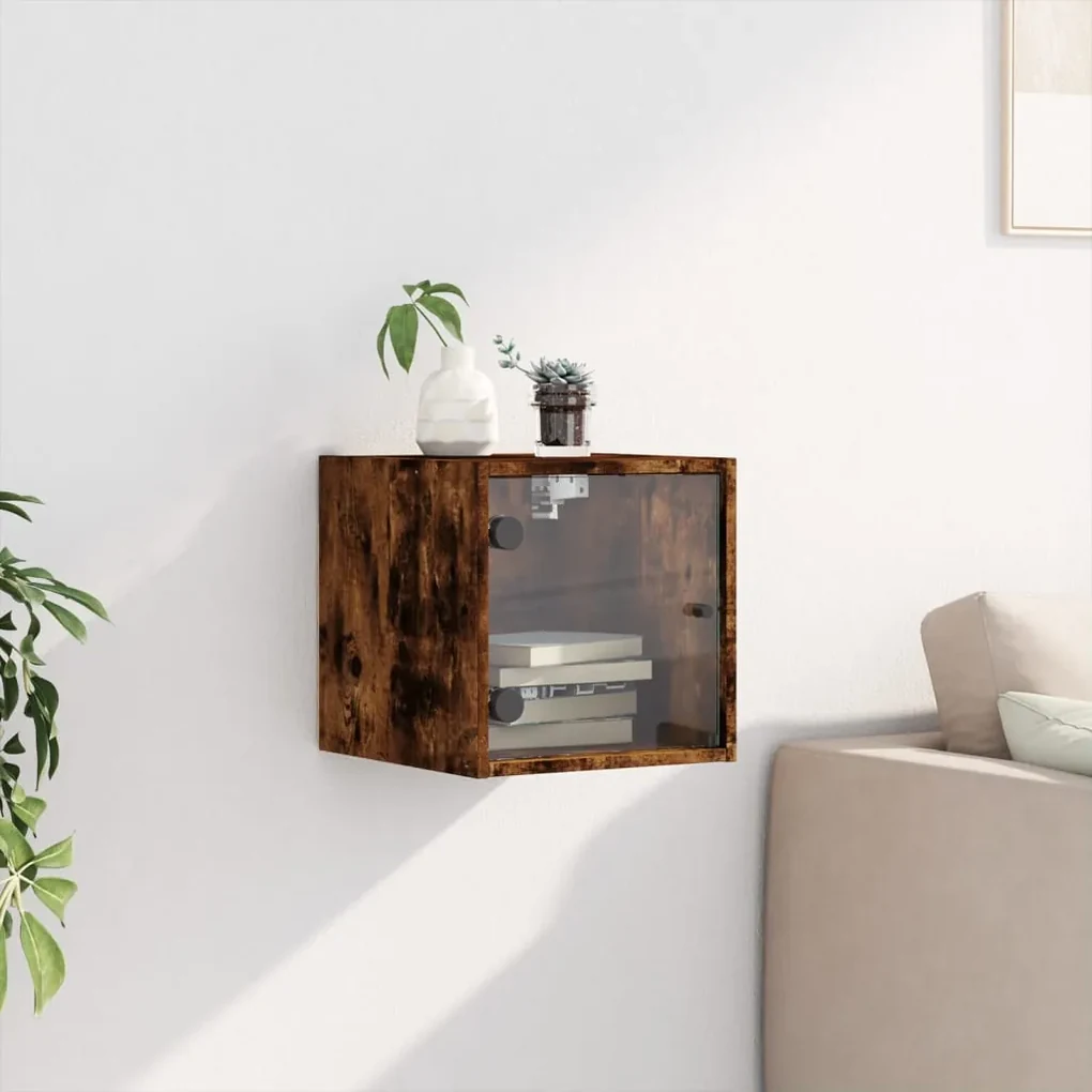Comodino con anta in vetro rovere fumo 35x37x35 cm
