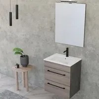 Composizione bagno sospesa Smack a 2 cassetti 55x62 con lavabo, specchio con lampada LED olmo naturale e cemento