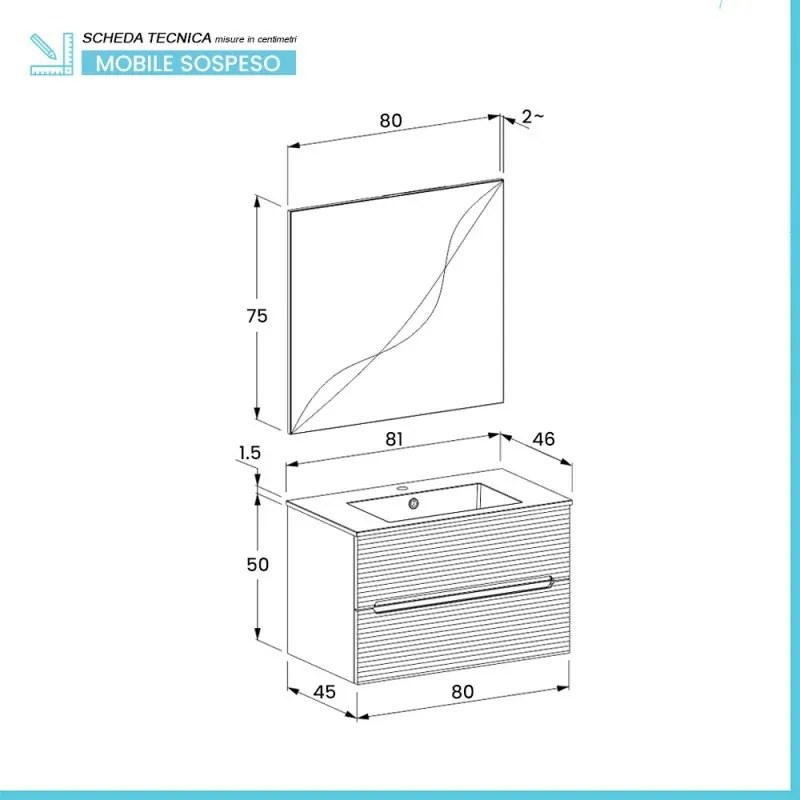 Mobile bagno sospeso 80 bianco cannettato 2 cassetti lavabo e specchio Rigo