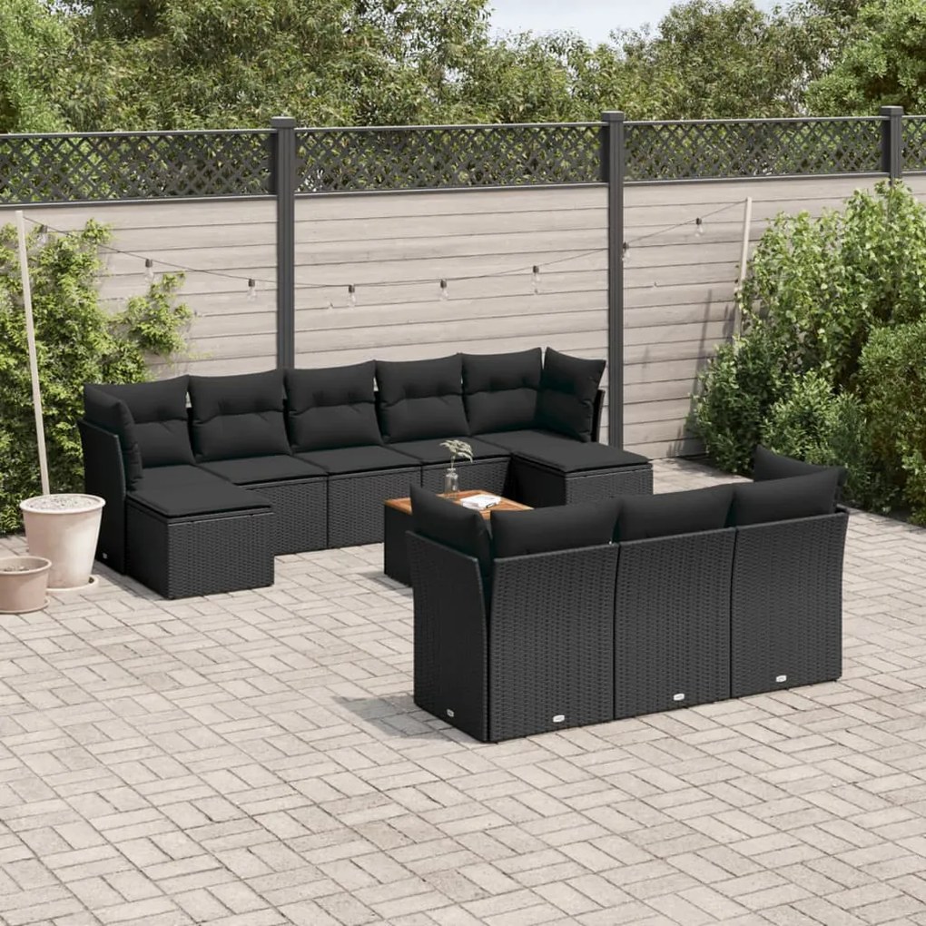 Set divani da giardino 11 pz con cuscini in polyrattan nero