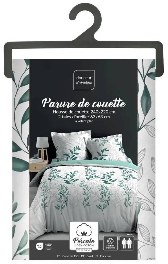 Set copripiumino e federa bianco/verde in percalle di cotone per letto matrimoniale ed esteso 240x220 cm Wendy – douceur d'intérieur