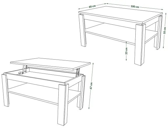 Tavolino pieghevole con piano sollevabile con mensola ADEN quercia/nero