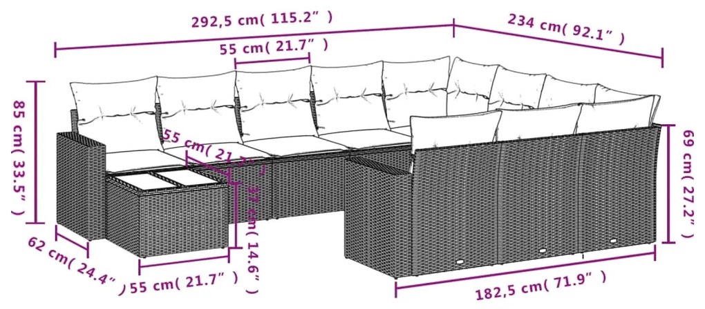 Set divani da giardino 11 pz con cuscini in polyrattan grigio