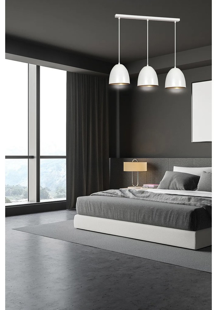 Lampadario 3 Luci Reartù In Acciaio Bianco Con Cupole In Nero E Oro