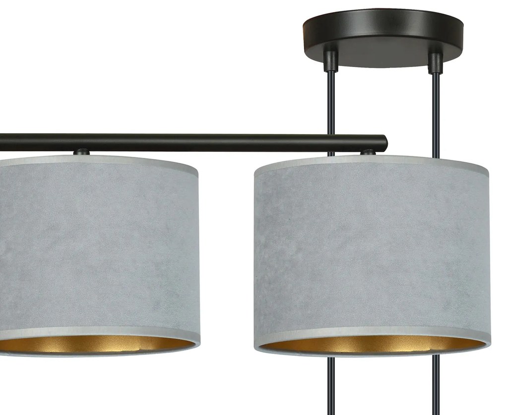Lampadario 4 Luci Ganesha In Acciaio Nero E Paralumi In Tessuto Grigio