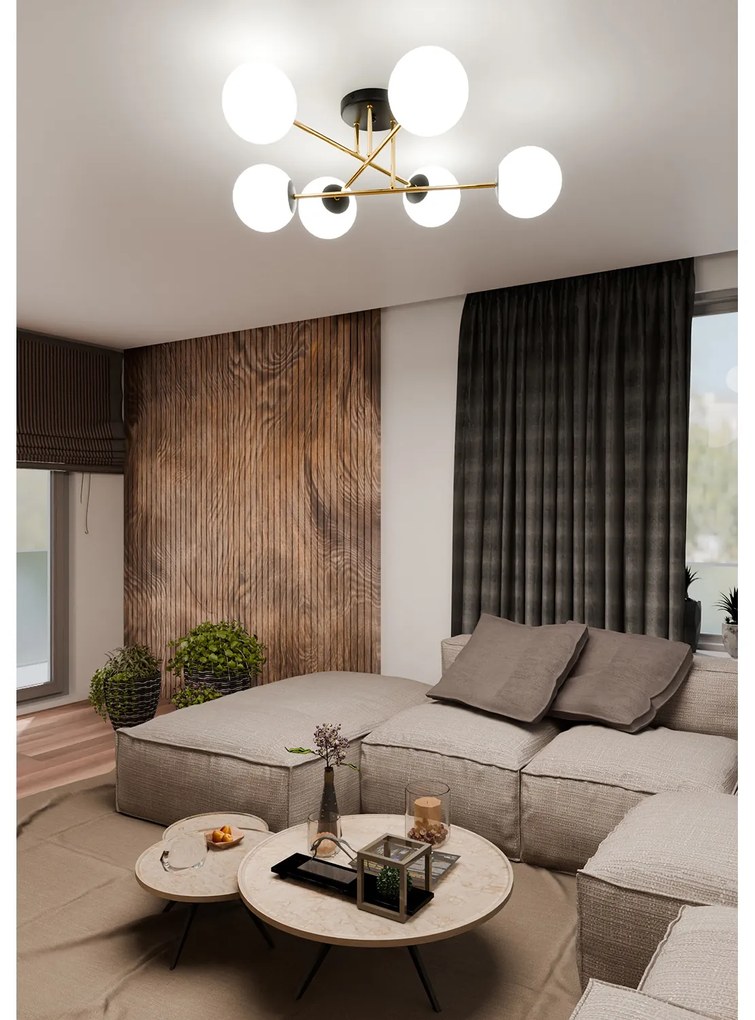 Plafoniera Moderna Magnium 6 Luci In Acciao Nero Oro E Sfere In Vetro Bianco