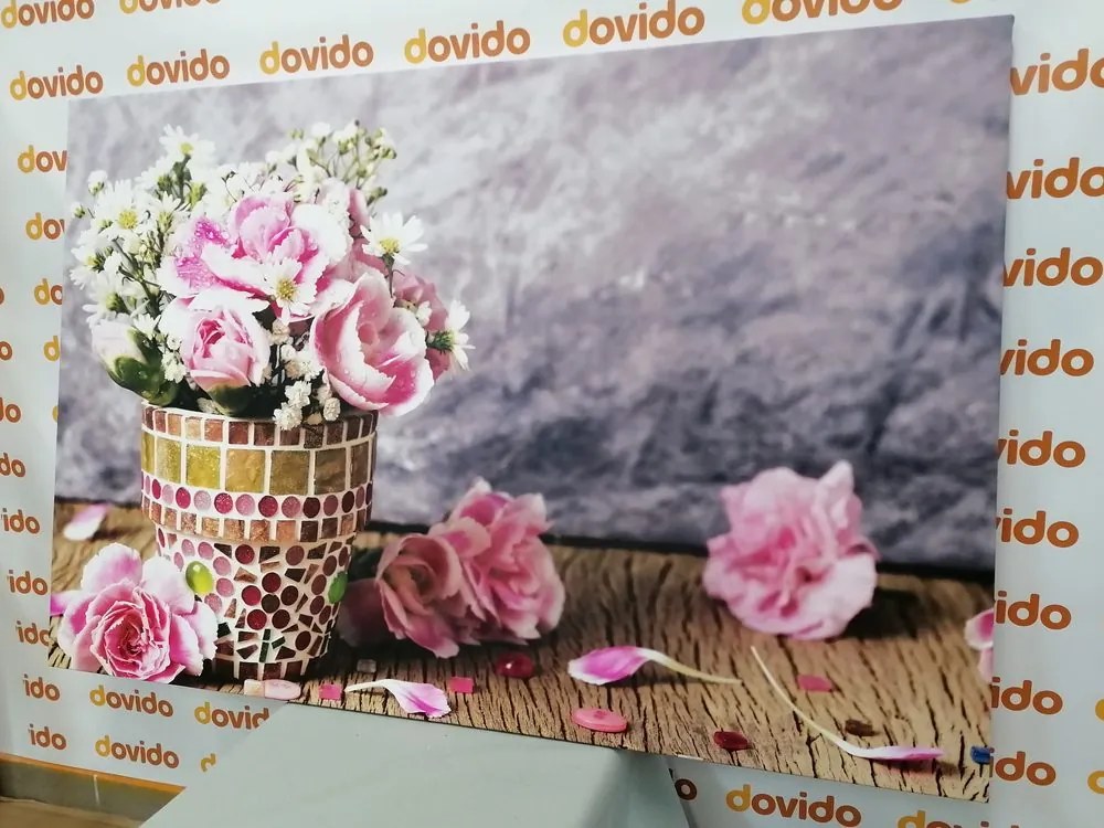 Quadro su tela – Fiori di garofano in vaso a mosaico