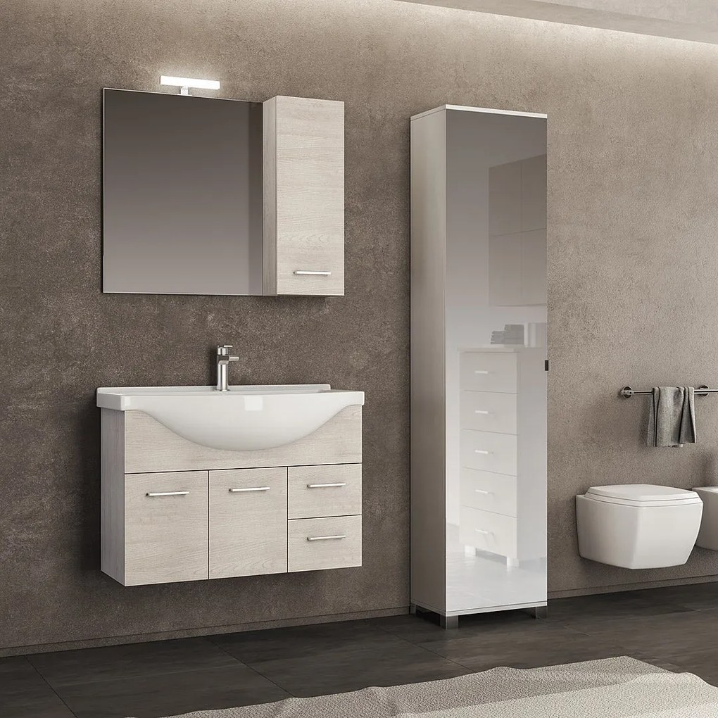 Mobile Bagno Sospeso 105 Cm Due Ante Due Cassetti Specchio Con Pensile e Lampada Led 100x70 CmSavini "Gaia 2"