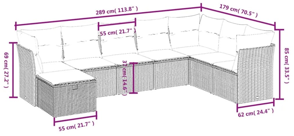 Set divano da giardino 8pz con cuscini grigio chiaro polyrattan