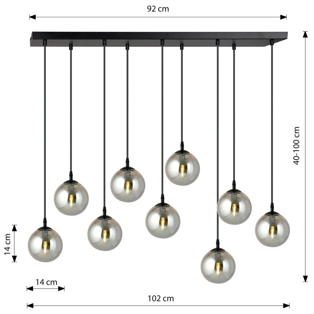 Sospensione Moderna 9 Luci Cosmo In Acciaio Nero E Sfere In Vetro Fumè