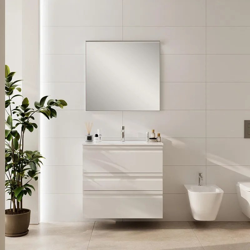 Mobile bagno sospeso con lavabo Pull L 80 x H 56 x P 39 cm bianco opaco in mdf 3 cassetti per vasca centrale , piedini non inclusi