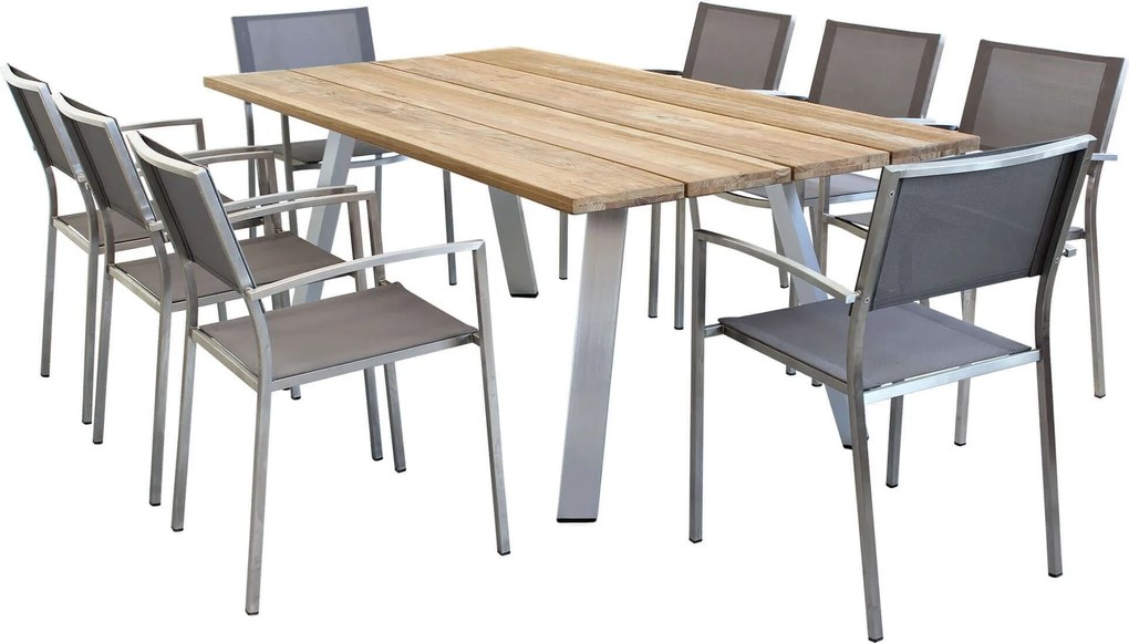 SALTUS - set tavolo in alluminio e teak cm 200 x 100 x 74 h con 8 poltrone Florentia