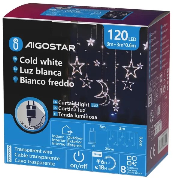 Aigostar - Catena natalizia LED da esterno 120xLED/6W/230V/8 funzioni 3x0,6m IP44 bianco freddoDO