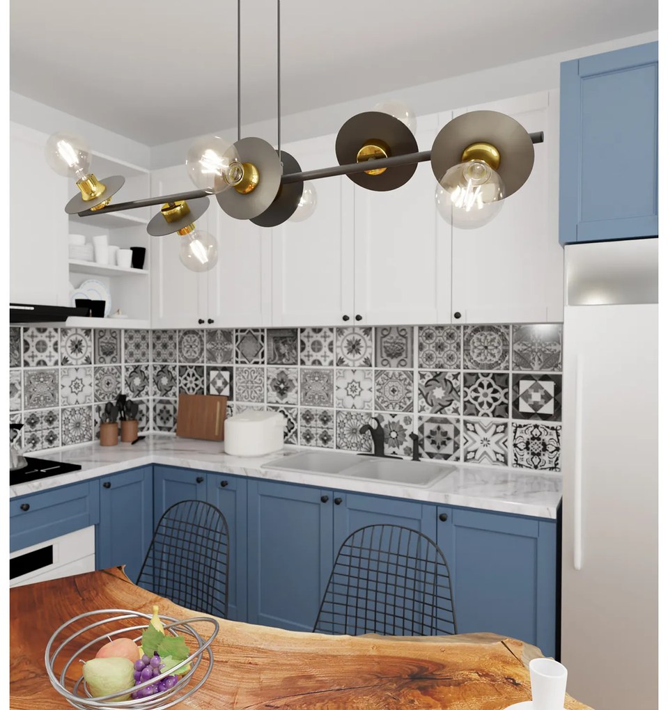 Lampadario 6 Luci Eos In Acciaio Nero E Oro Con Barra E Diffusori A Piatti