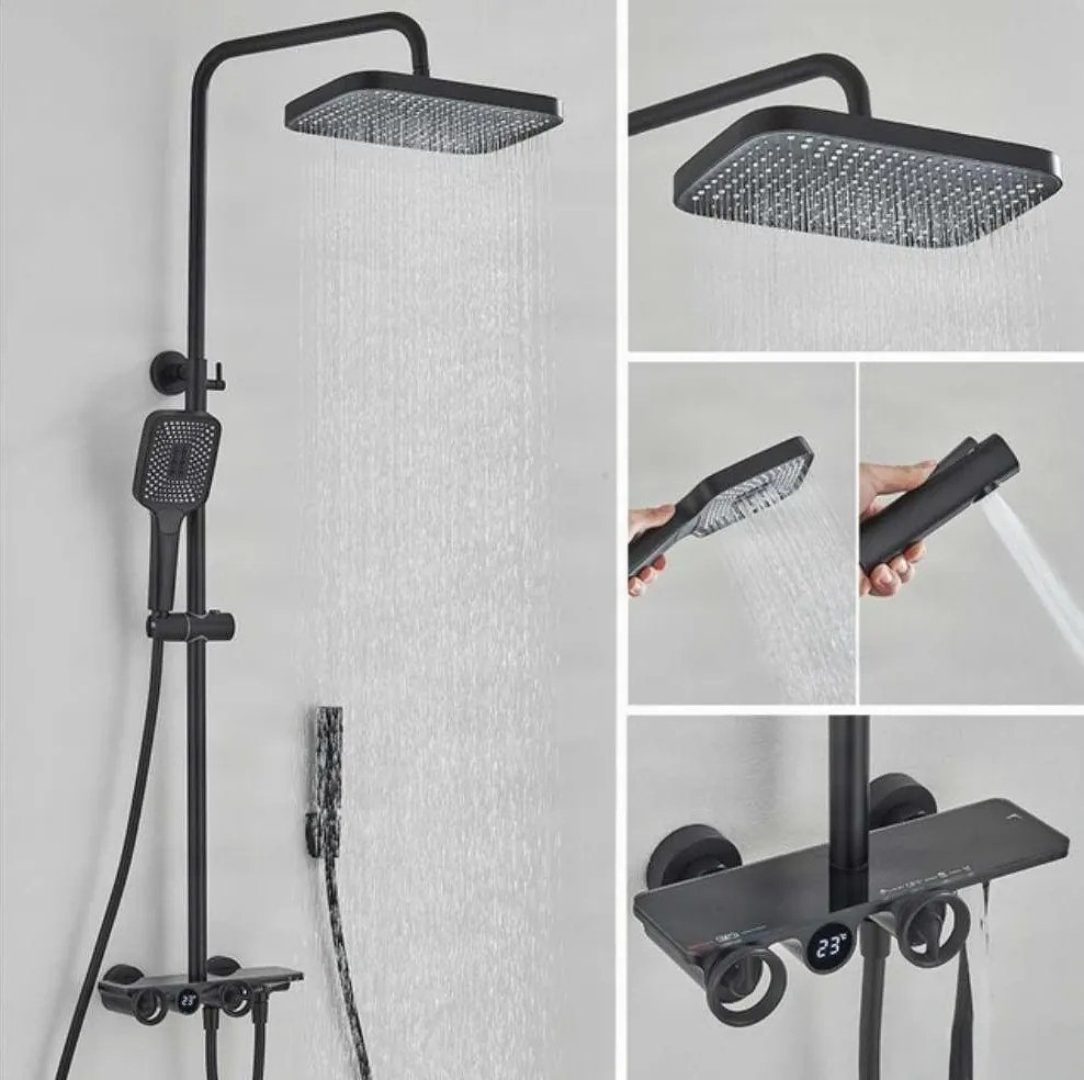 Sistema doccia esterno ELT1104 termostatico digitale a 4 uscite, grigio canna di fucile — Nero opaco