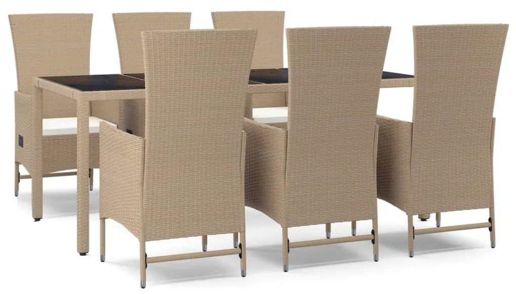 Set da pranzo da giardino 7 pz con cuscini beige in polyrattan