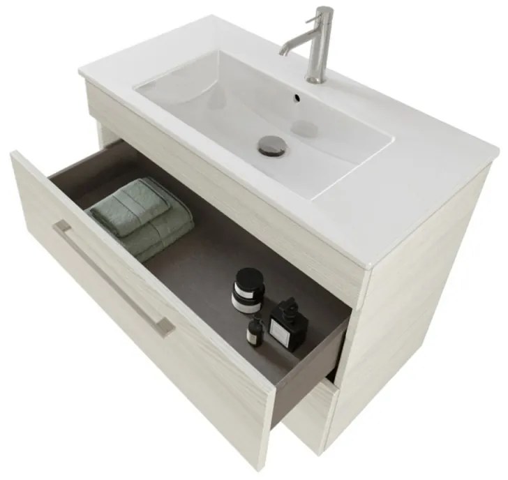 Mobile bagno sospeso 80 cm Smart bianco legno con specchio contenitore