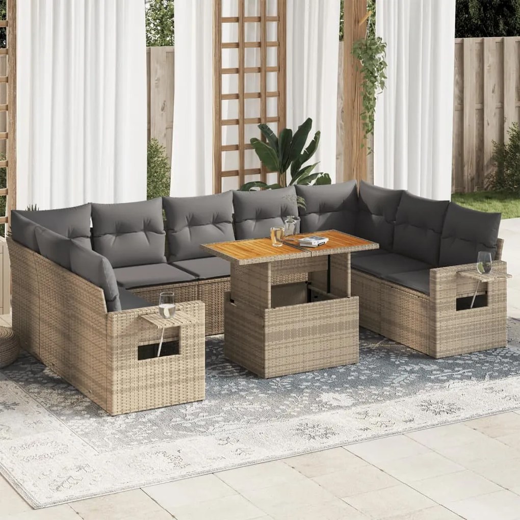 Set divano da giardino 10 pz con cuscini beige in polyrattan