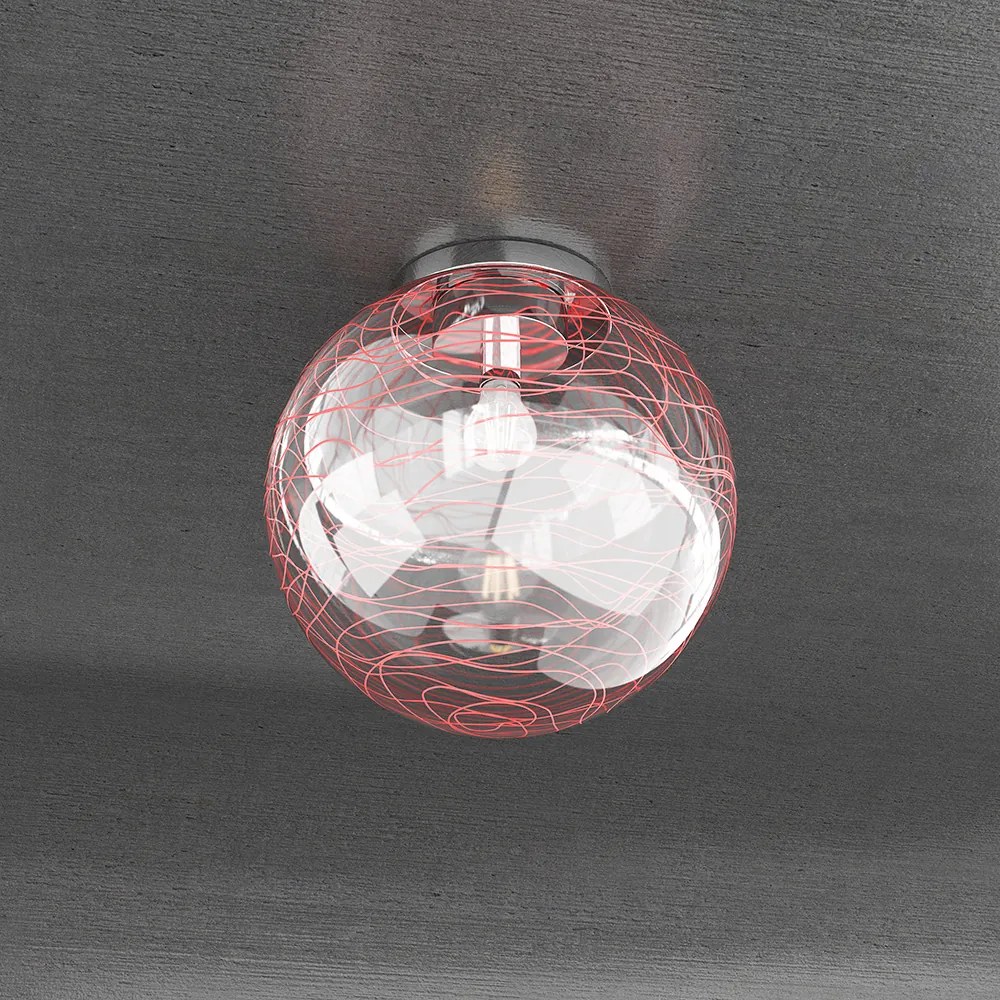 Plafoniera Contemporanea Moon Metallo Cromo Vetro Rosso 1 Luce E27 D.30Cm