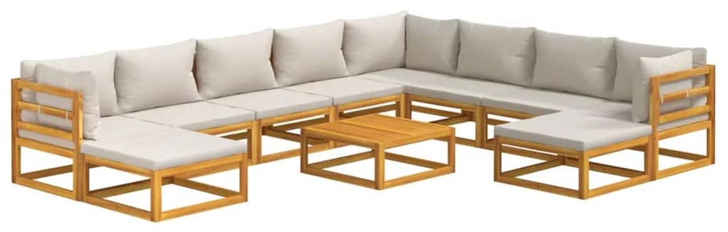 Set salotto giardino 11pz cuscini grigio chiaro legno massello