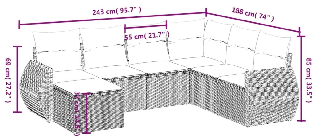 Set divani da giardino 7 pz con cuscini grigio in polyrattan