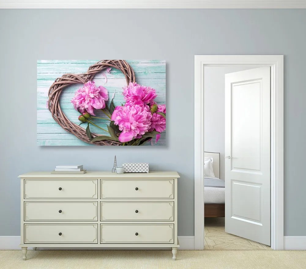 Stampa su tela – Peonie su cuore di legno