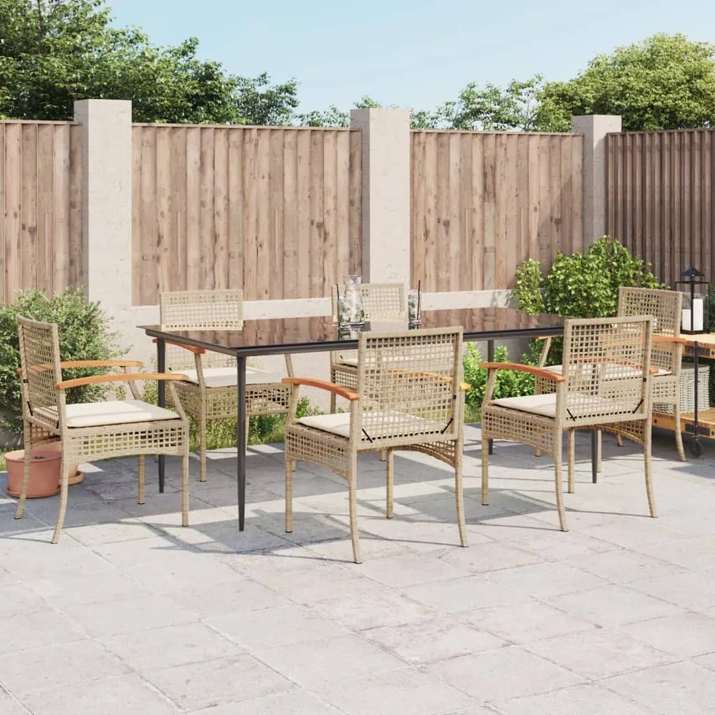 Set da pranzo da giardino 7 pz con cuscini beige in polyrattan