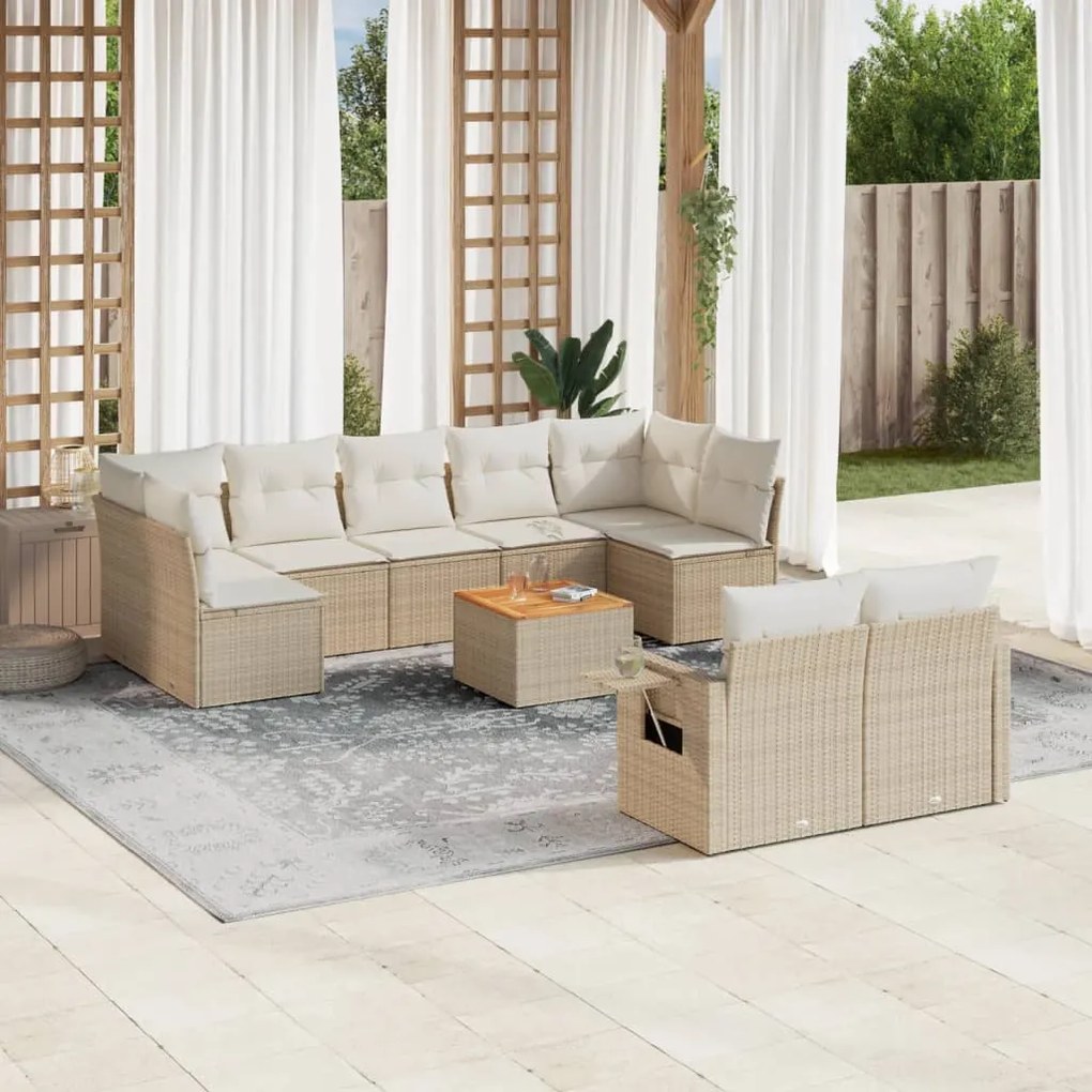 Set divano da giardino 10 pz con cuscini beige in polyrattan