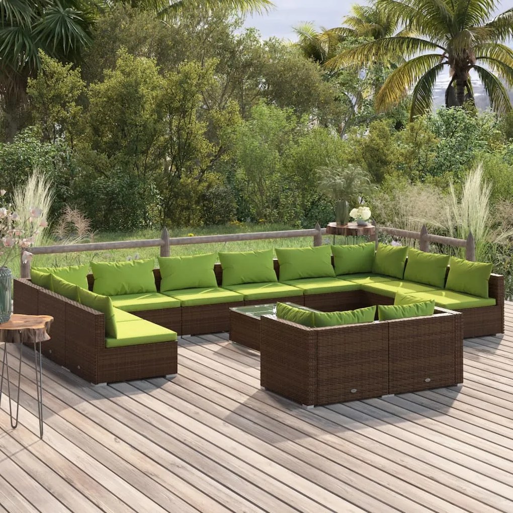 Set divani da giardino 13 pz con cuscini in polyrattan marrone