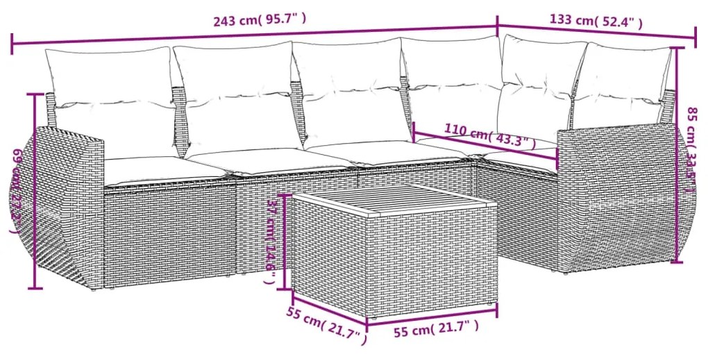 Set Divano da Giardino 6 pz con Cuscini Nero in Polyrattan