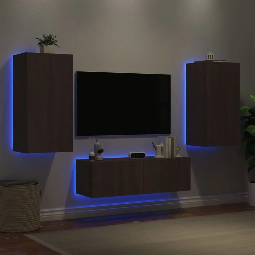 Mobili tv a muro 3pz con luci led rovere marrone