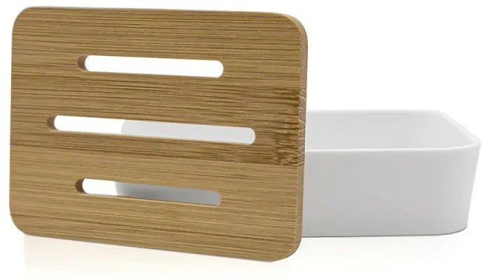 Set accessori bagno moderno in finitura bianca opaca con dettagli in bambù