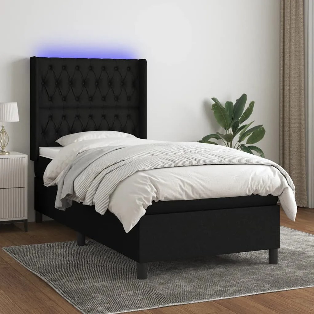 Letto A Molle Con Materasso E Led Nero 100x200 Cm İn Tessuto /