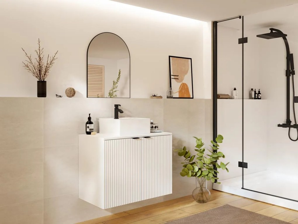 Mobile per bagno sospeso con scanalature e lavabo da appoggio 80 cm Bianco - PARMIZA