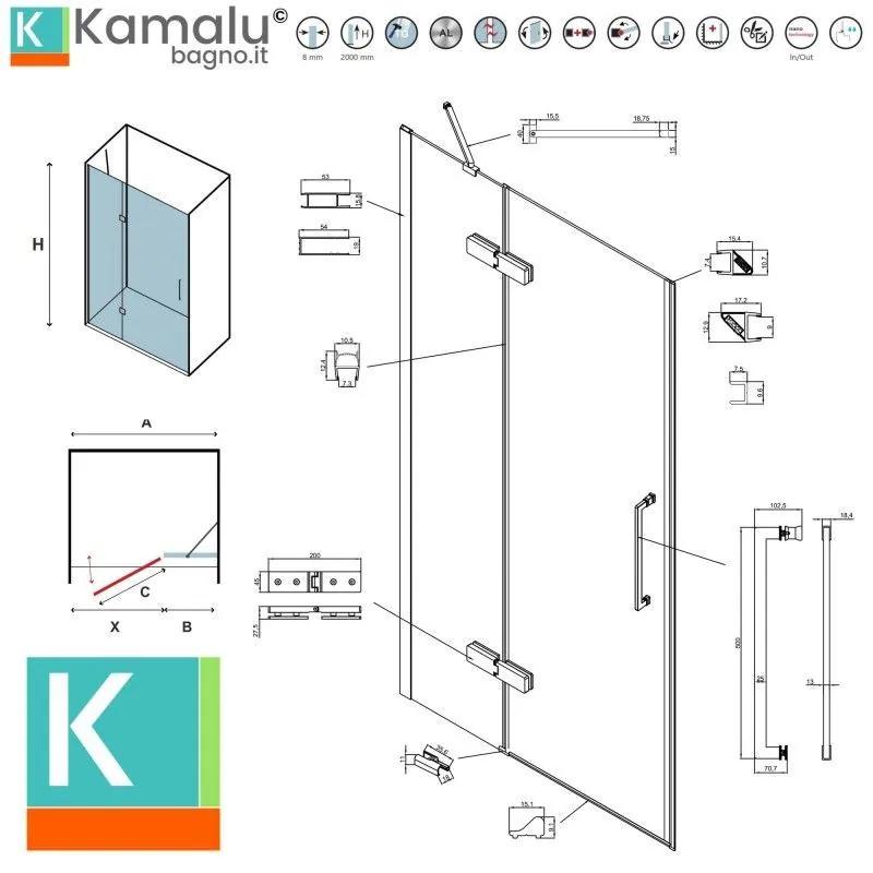 Kamalu - porta doccia 120cm battente e fisso oro rosa spazzolato | kt4000rg