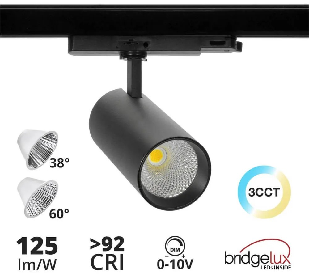 Faro LED 40W Dimmerabile 0-10V per Binario Trifase, 38/60°, Nero, CCT Colore Bianco Variabile CCT