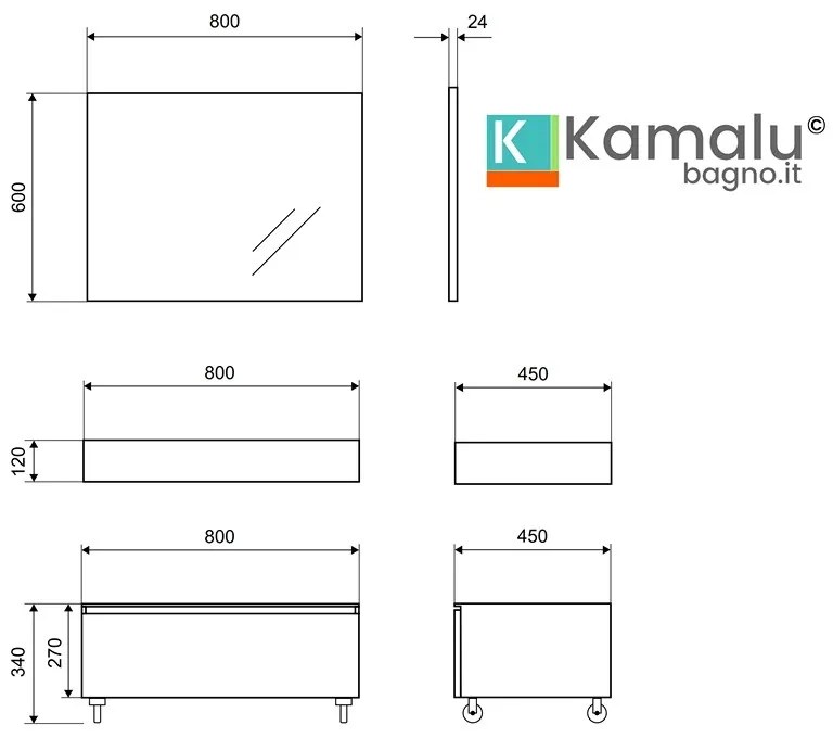 Kamalu - composizione bagno con mobile a terra e mensolone 80cm | kam-kk801